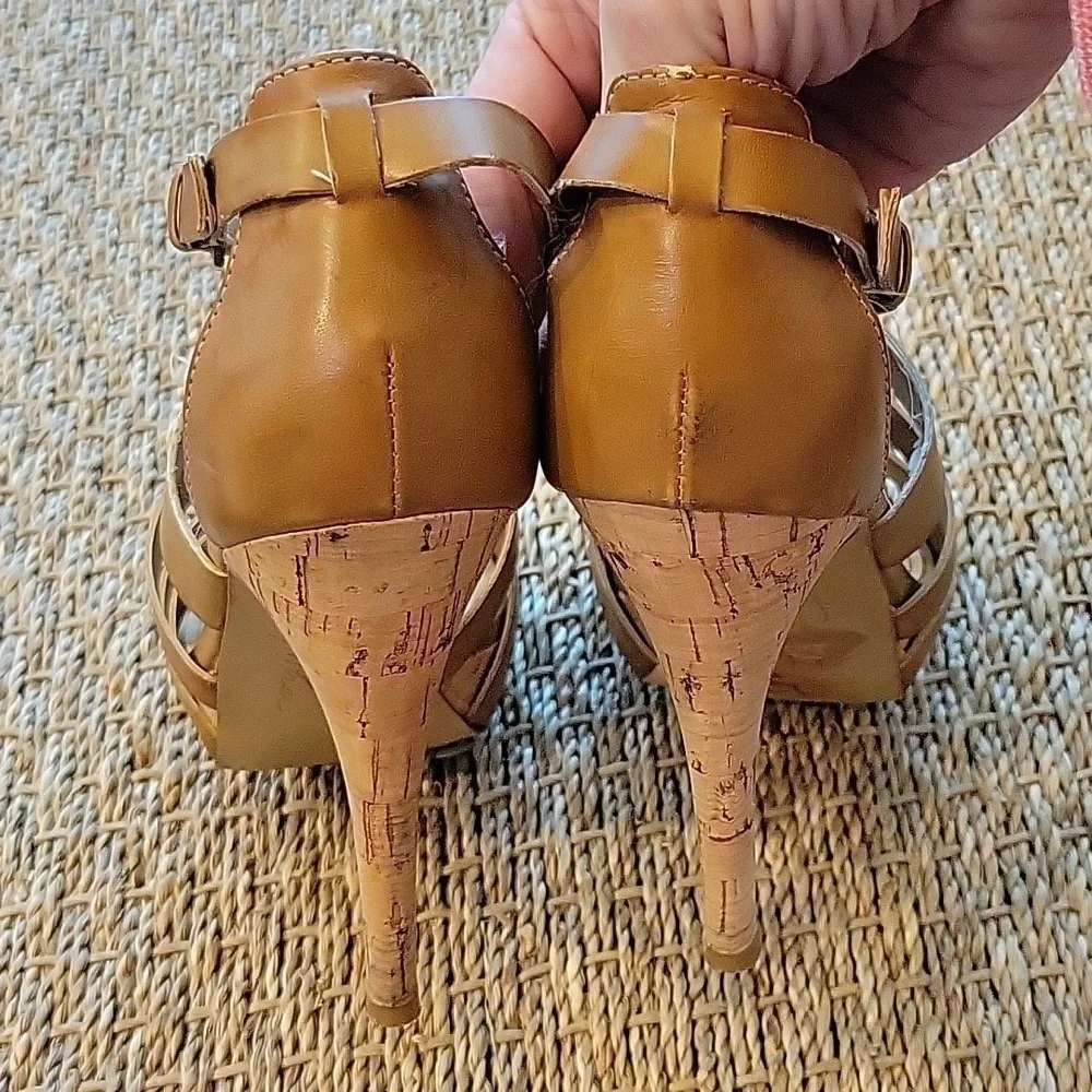 MARC FISHER brown strappy high heels.  Cork heel. Very high. Size is 7.5